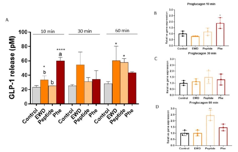 图1 暴露于EWD、123WIRGCRL129(肽)或小鼠肠道类器官中的Phe后10、30和60分钟GLP-1的释放