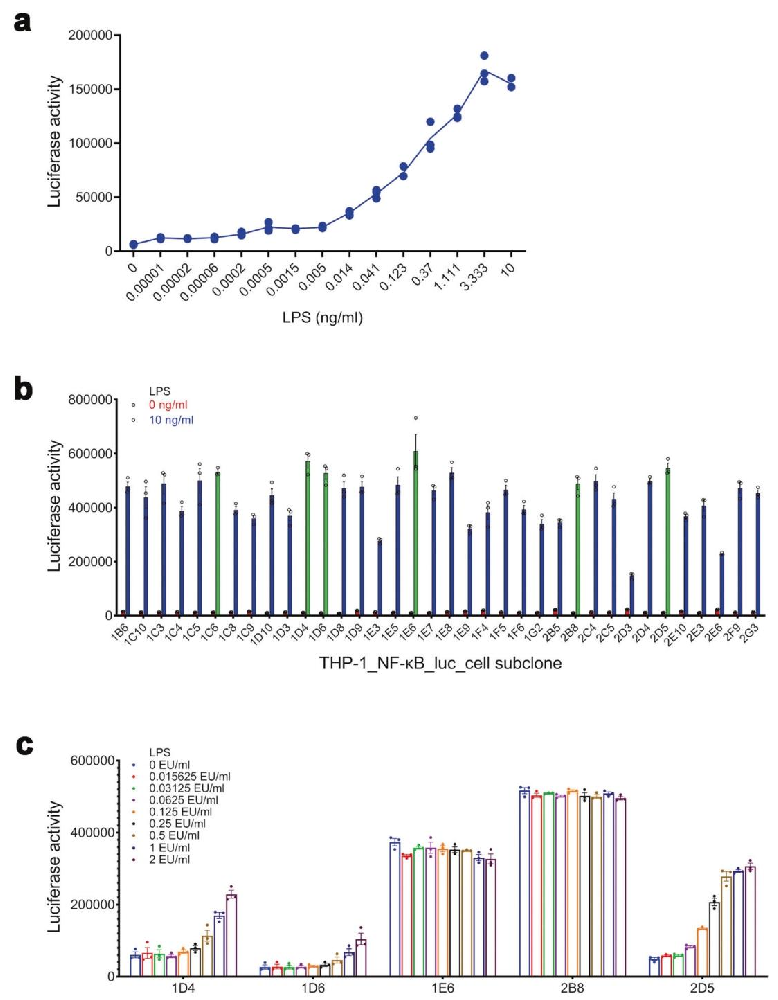 图1：建立对 LPS 敏感的 THP-1_NF-κB_luc 细胞亚克隆