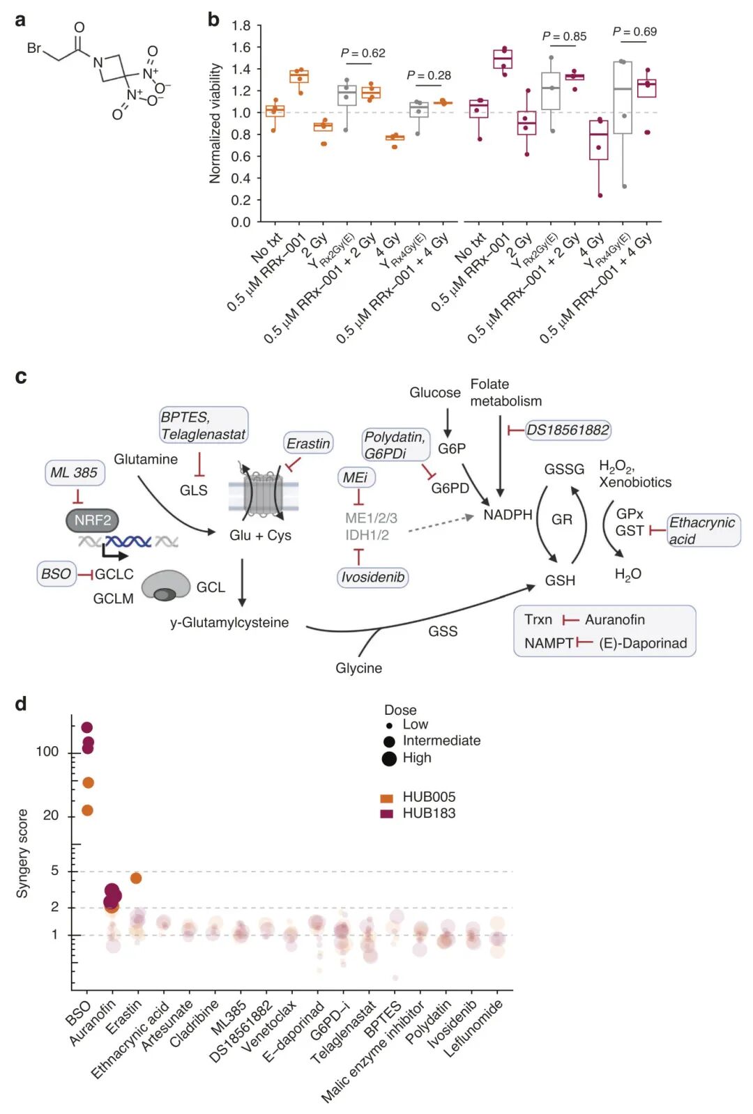 图3 RRx-001联合筛选确定RRx-001和BSO为协同药物组合