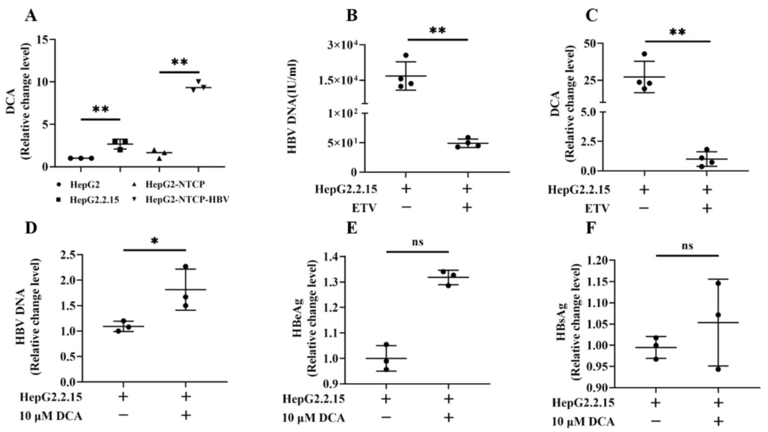 图2：DCA 对 HepG2.2.15 细胞 HBV 载量的影响