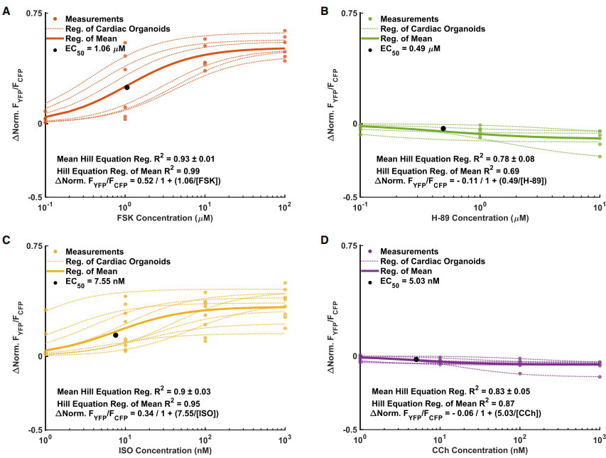 图4展示了基于Hill方程的回归分析结果，表明PKA活性对forskolin、H-89、isoproterenol和carbachol的剂量反应关系良好，回归系数(R²)较高，说明药物浓度与PKA活性之间存在显著的非线性关系。