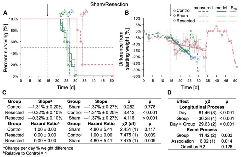 图 5：TRP-mCF 肿瘤切除延长小鼠生存并减缓体重下降