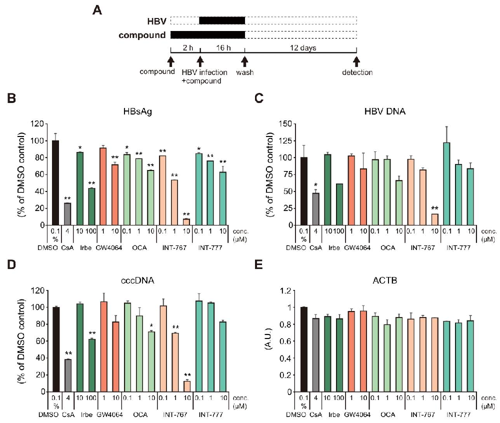 图 1：NTCP 抑制剂对 HepG2-hNTCP-C4 细胞中 HBsAg、HBV DNA 和 cccDNA 的影响HepG2-hNTCP-C4 细胞经化合物预处理并感染 HBV 后