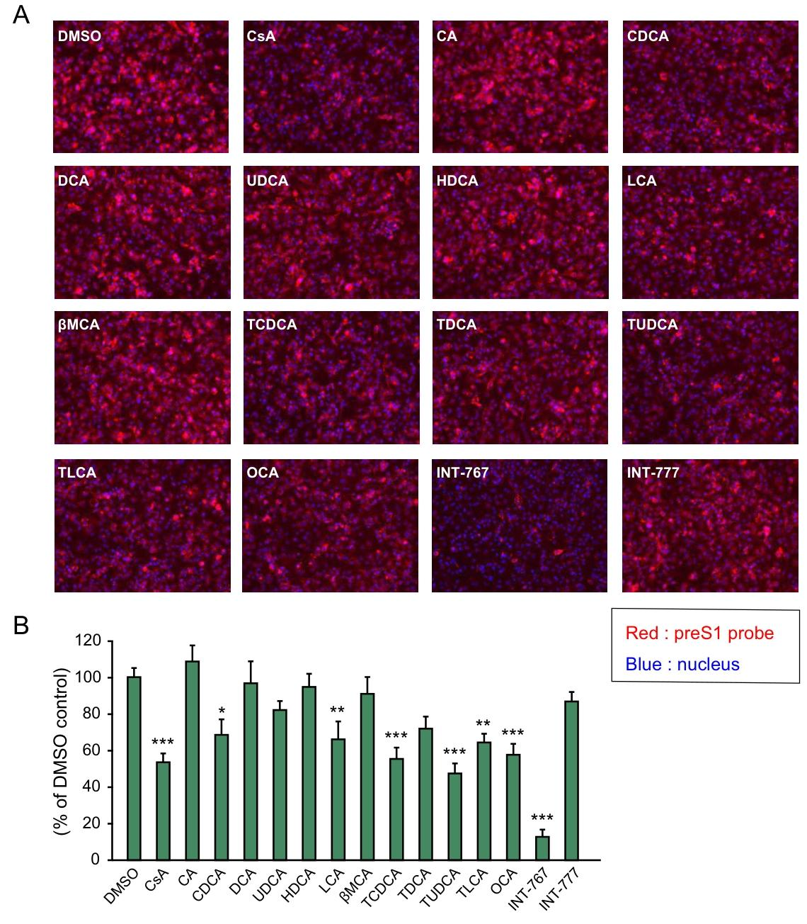 图 5：天然胆汁酸与胆汁酸衍生物对 preS1-NTCP 结合的抑制作用天然胆汁酸中