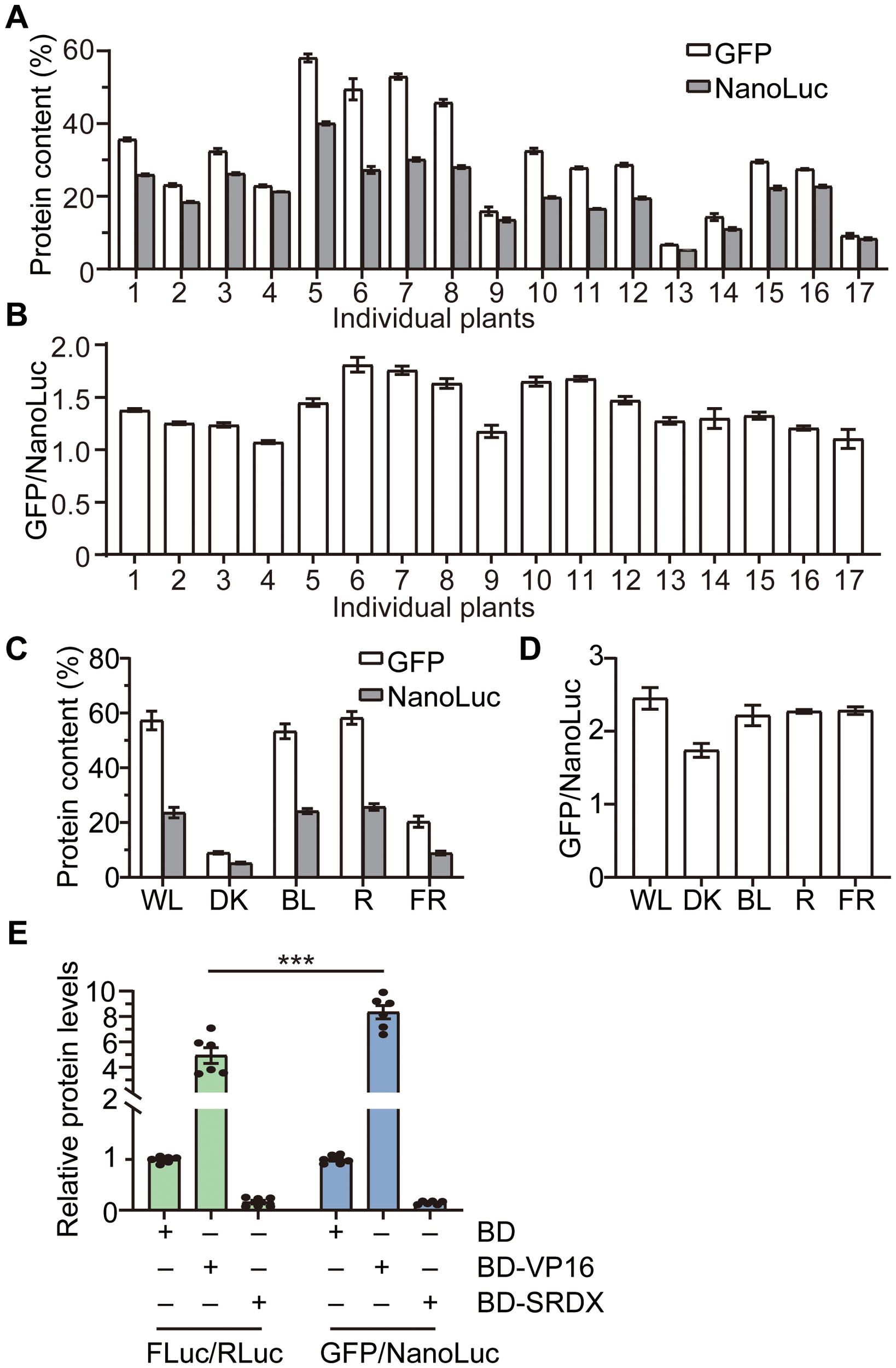 图 5:无试剂盒双报告基因系统的表征及与 FLuc/RLuc 系统的对比