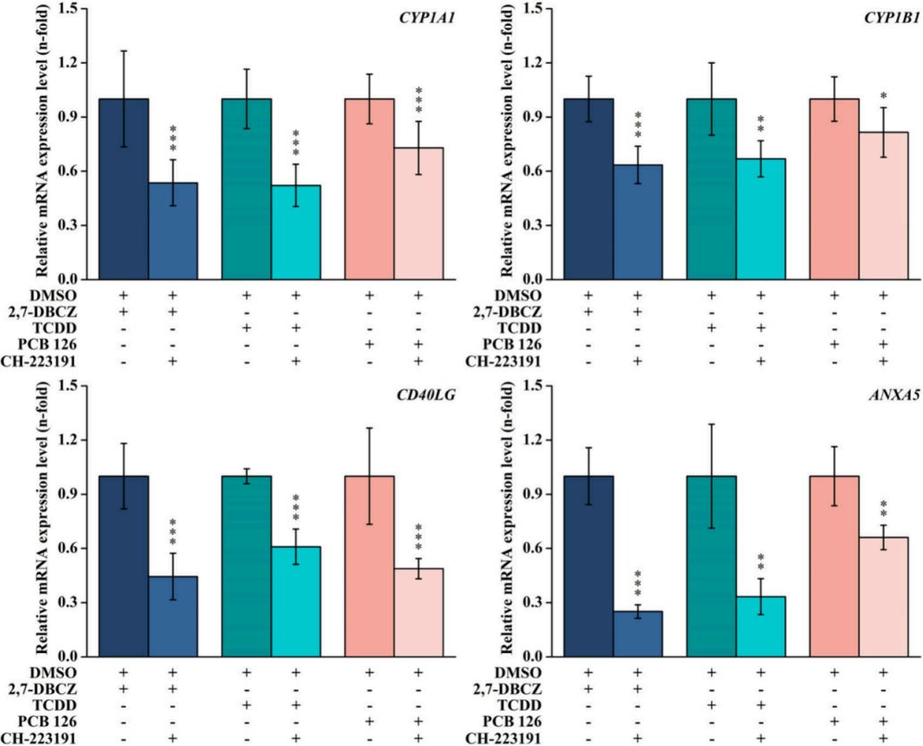 图5 | AhR拮抗剂(CH-223191)共处理后，qRT-PCR验证AhR激活及其下游基因表达