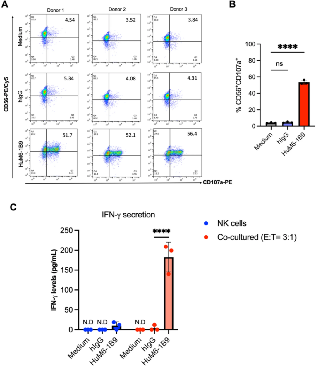图5：HuM6-1B9 促进 NK 细胞活化与细胞因子分泌