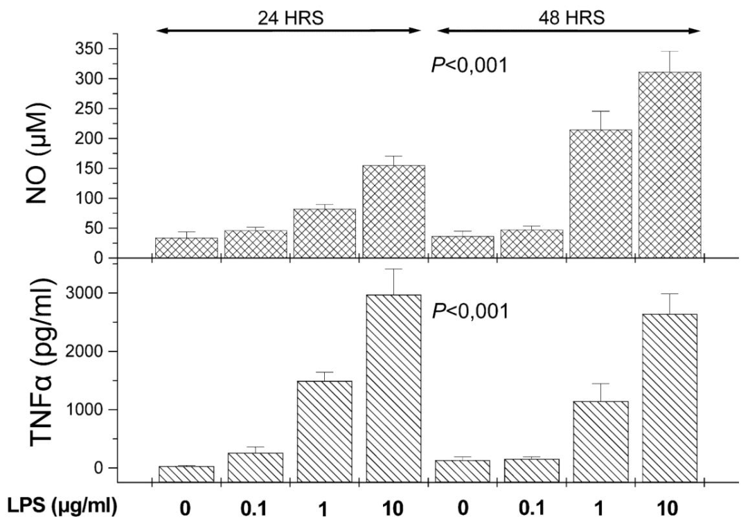 图5：LPS 诱导 KC 分泌 TNF-α 和 NO 的功能验证